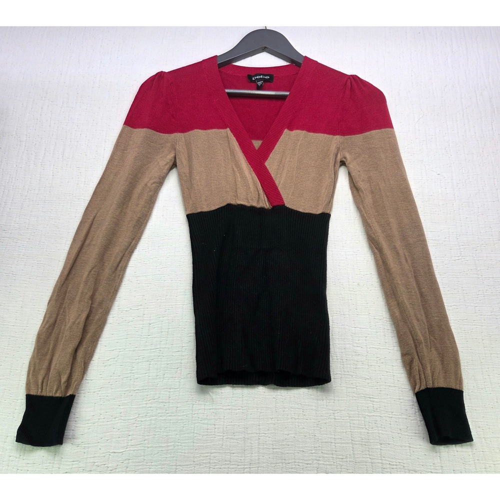 Bebe Colorblock V-Neck Cardigan Sweater Red Tan Black Size S